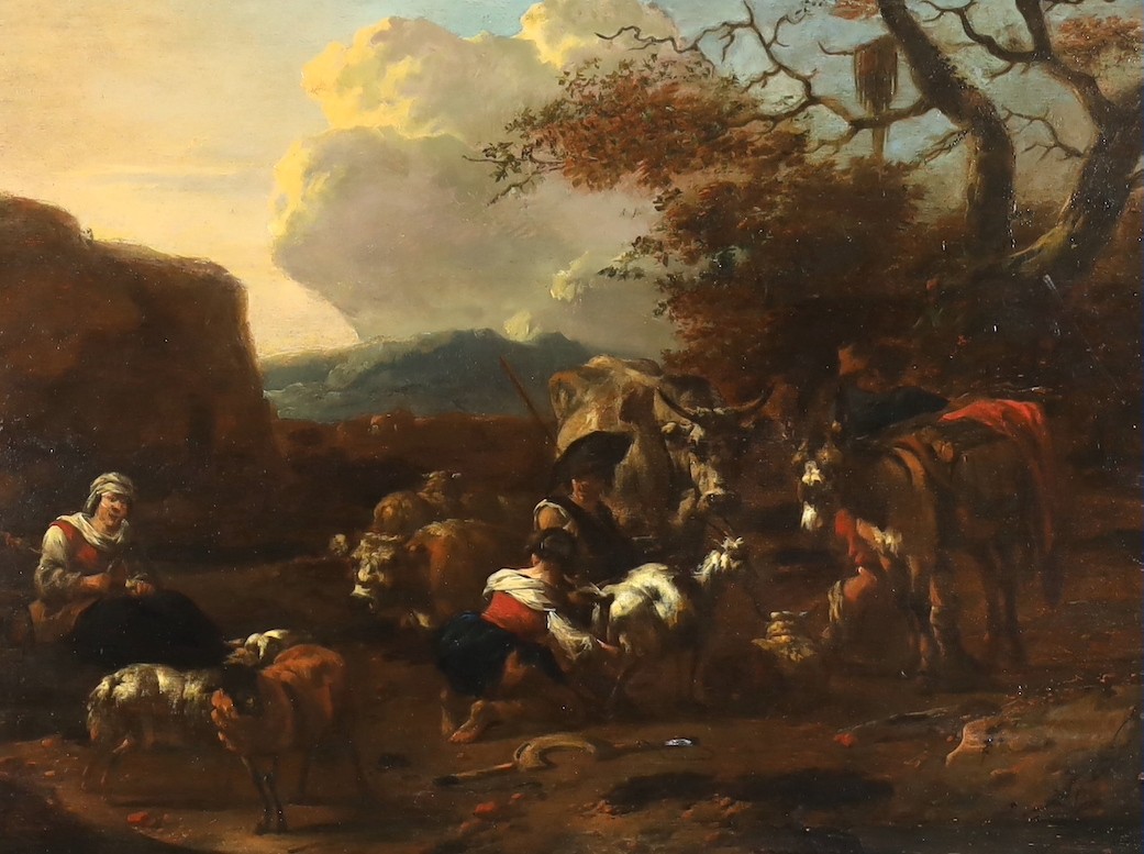 Jan Frans Soolmaker (Flemish, 1635-1685), A pastoral landscape with cattle, goats, sheep and figures, oil on panel, cradled, 36 x 50cms.